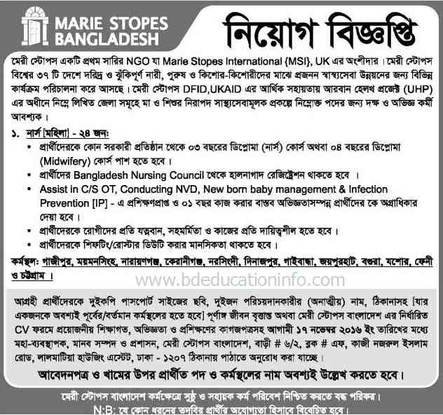 Marie Stopes Bangladesh job circular
